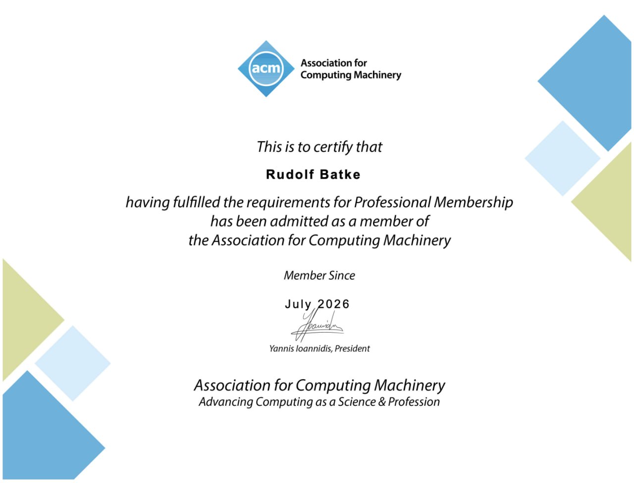 ACM professional membership certificate for Rudolf Batke, member since July 2026
